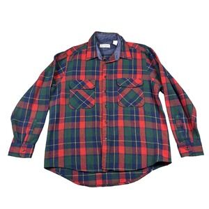 Vintage Sears Roebuck Shirt Mens Large Plaid Wool Blend Flannel Red Green 80s